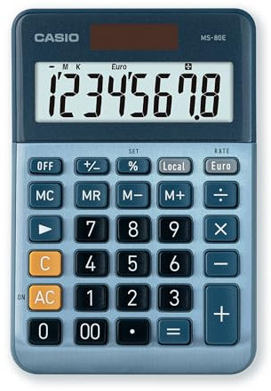 Casio Desktop Calculator MS-80E 8-Digit Currency Conversion Aluminium Front Quick Correction Button Solar/Battery Operated