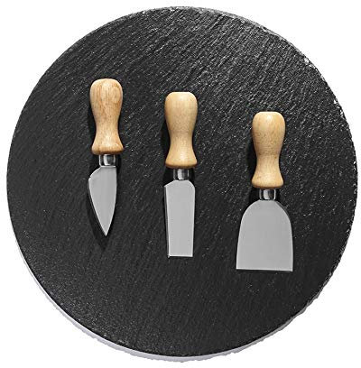 SILVANO BSP-QC Tabla de quesos de Bandeja de Pizarra Redonda Plana + 3 Utensilios de Cortar Queso