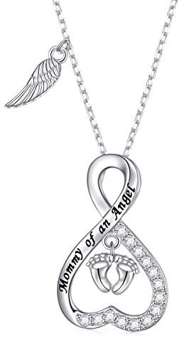 DAOCHONG 925 Argent Sterling Ailes d'ange Empreinte Infini Coeur Collier Maman d'un Ange Collier Infantile Enfant Perte Grossesse Fausse Couche Mort-né Memorial Bijoux Cadeau pour Maman