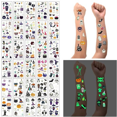 30 Blatt Halloween Tattoo Kinder, Leucht Halloween Deko Temporäre Tattoos Sticker,Halloween Kindertattoos Aufkleber,Halloween Tattoos Gruselig,für Halloween Deko Kinderparty Mitgebsel Jungen Mädchen
