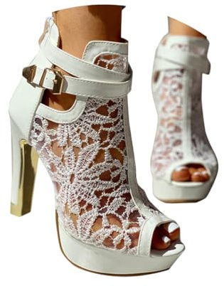 Minetom Sandalen Damen Pumps Schuhe Lace Hohl Blockabsatz High Heels Open Toe Sandalen Abend Party Braut Sommerschuhe