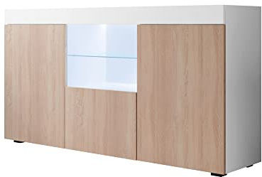 MB Muebles Bonitos | Wohzimmer Esszimmer Schrank Möbel Sideboard Modell Natolia | Breite 150 x Höhe 83 x Tiefe 40 cm | Mattes Melamin | 3 Türen | LED-Beleuchtung | Weiß und Sonoma