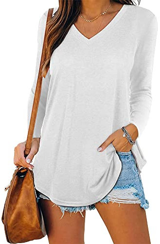iChunhua Plain Long Sleeve T Shirts V Neck Tops for Women UK Size 8 White Small