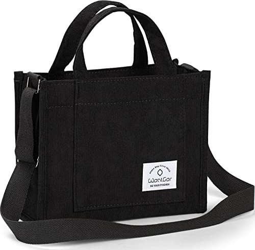 WantGor Tote Bag für Damen, Corduroy Crossbody Tasche Schulterhandtasche Kleine Satchel Hobo Tasche Geldbörse (Schwarz)
