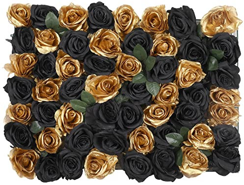 Artificial Flowers Wall Panels DIY Fake Silk Flower Romantic Floral Backdrop for Wedding Birthday Party Photography Background, 60cm x 40cm, Black & Champagne Gold Roses with Leaves, 1pc