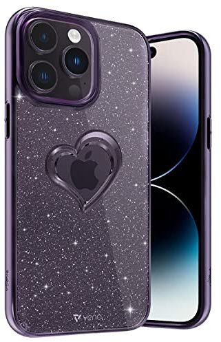 VENA vLove Glitter Clear Case Compatible with Apple iPhone 14 Pro Max (6.7-inch), Heart Shape (Magsafe Compatible) Dual Layer Slim Hybrid Clear Bumper Case Cover - Purple