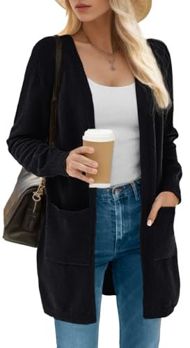 IWOLLENCE Cardigan da donna a maglia lunga da donna a maniche lunghe in morbido pile invernale con tasche, 01 Nero, M