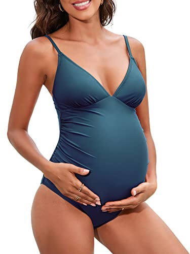 CUPSHE Damen Schwangerschafts Badeanzug V Ausschnitt Triangel Raffung Verstellbare Träger Einteilige Umstandsbademode Swimsuit