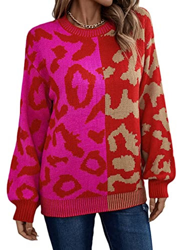HEYPORK Damen Herbst Winter Warm Bequem Pullover Casual Mode Strickjacke Strickpullover Frauen Herbst/Winter Pullover Leopardenmuster Patchwork Gemischter Strickpullover Pullover(Rot, XL)