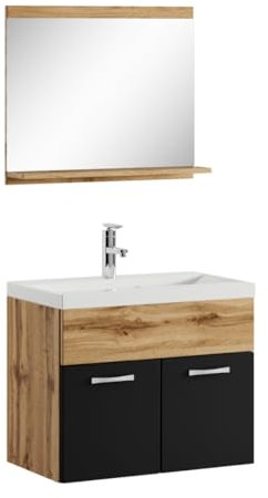 Badezimmer Badmöbel Set Montreal 02 60cm Waschbecken Eiche mit mat Schwarz - Unterschrank Waschtisch Spiegel Möbel