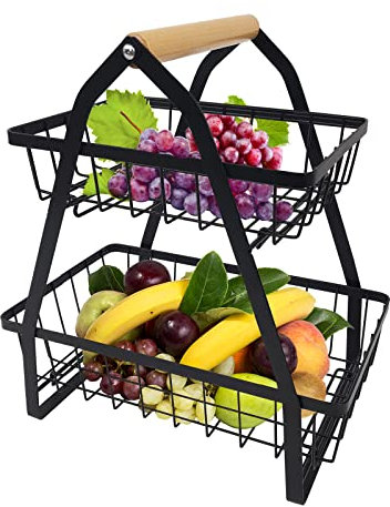 UISEBRT Frutero de 2 Niveles de Metal Con Bandeja Desmontable - Soporte Para Frutas y Verduras Con Mango de Madera - Cesta de Almacenamiento Para Pan