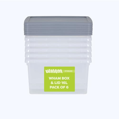 Wham Box 6 x 16L Stackable Plastic Storage Boxes with Lids | Ideal for Home, Office, Toys & More | Secure, Ribbed Clip-On Lid for Added Strength | Made in UK - Clear/Steel