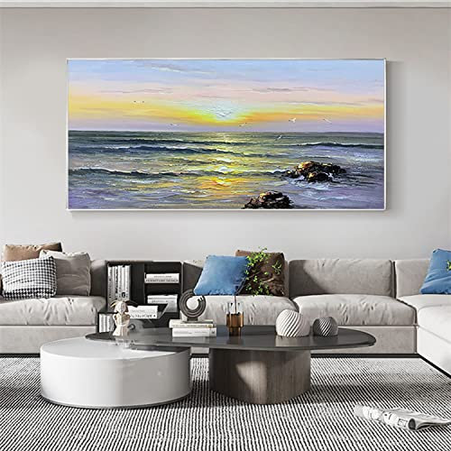 RGVV Ölbilder Auf Leinwand Handgemalt,Extra Große Wandkunst Original Handgemaltes Ölgemälde Meer Sonnenaufgang Natur Landschaft Wandmalerei Rahmenlose Strukturierte Kunstwerke Wohnkultur Für Wohnzim