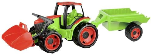 LENA 02136 GIGA TRUCKS Traktor mit Frontlader & Anhänger, Traktorspielzeug 5-teilig, Traktor mit Schaufel, Schiebdach in der Fahrerkabine