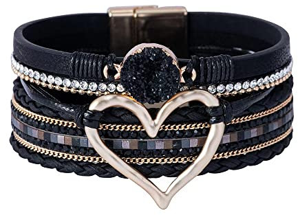 Lederarmband Damen Leder Wickelarmbänder Baum des Lebens Armband mit Magnetverschluss aus Edelstah Bracelet für Frauen & Mädchen (Schwarz)