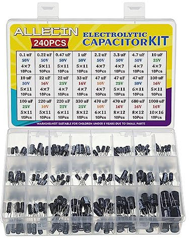 ALLECIN 24 Wert Elko Kondensator Set Elkos Kondensatoren Sortiment Kit Aluminium Elektrolytkondensator von 0,1uF bis 1000uF 10V 16V 25V 50V Electrolytic Capacitors
