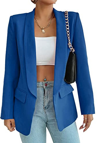 ALSOGO Damen Blazer Langer Casual Open Front Blazer Arbeit Büro Jacken mit Taschen Blau L