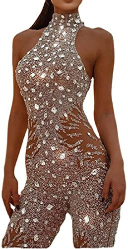 NLAVW Frauen Sexy Pailletten Overall Ärmellose Rundhals Shiny Bodycon Dünne Overall Party Clubwear Overall-Spielanzug,Silber,L