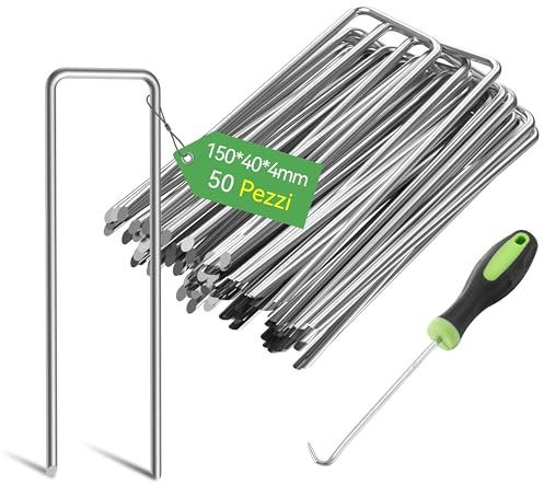 Graxury 50 Pièces 15cm (Ø 4mm) Piquets de Jardin Robustes - Agrafes Épaissies en Acier Galvanisé pour Fixer Les Toiles Anti-Mauvaises Herbes, Les Filets et Les Tubes avec 1 Crochet de Ramassage