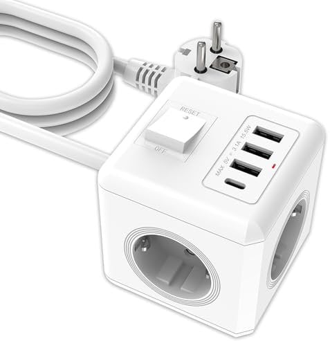 ANTELA Mehrfachsteckdose Würfel USB mit Schalter 16A, 3fach Steckdosenleiste mit 3 USB et 1 Typ-C, Steckdosenwürfel Mehrfachstecker Verlängerungskabel 1,5m, für Büro
