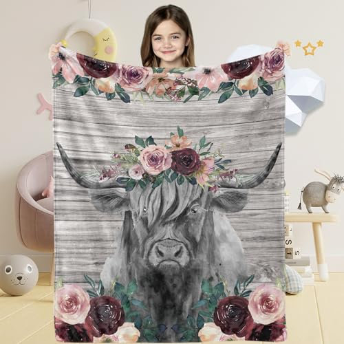 Geschenke für Mädchen Kinder Geburtstag, Flauschig Highland Kuh Aquarell Kuscheldecke Flanell Decke, 100 x 130 cm Weich Plüsch Hochland Kuh Blume Fleecedecke Wohndecke für Baby Kleinkind Couch Deko