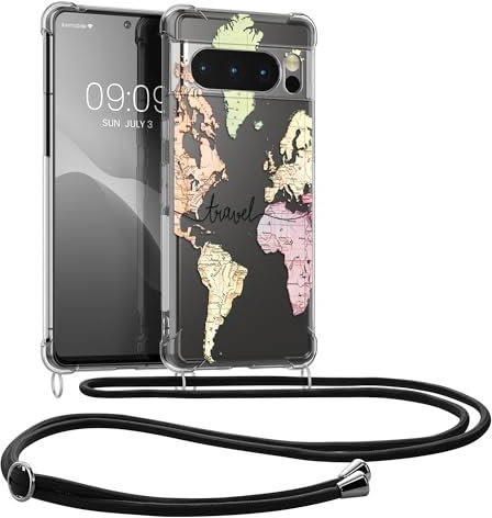 kwmobile Necklace Case kompatibel mit Google Pixel 8 Pro Hülle - Silikon Cover mit Handykette - Schwarz Mehrfarbig Transparent Travel Schriftzug