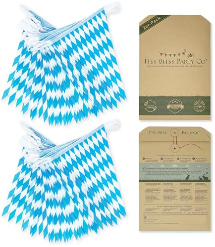 Premium Wiederverwendbare Oktoberfest Wimpelkette - Outdoor Wetterfest, Bayrische Dekoration, Bayern Party Deko Accessoires (2er Pack: 28m, 84 Große Wimpel)
