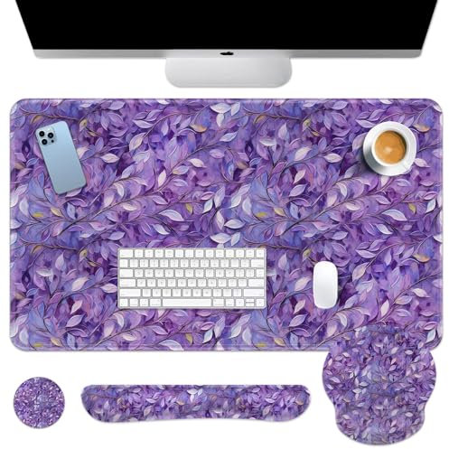 Britimes Purple Oil Painting Leaves Keyboard Mouse Pad Set Plant 4in1 Large Mousepad+Keyboard Wrist Rest+Mouse Wrist Rest+Coaster Ergonomic Design for Home Office Computer 35.4x15.7Inches