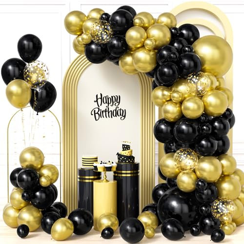 Ousuga Black and Gold Balloons, 103pcs Different Sizes Latex Black Gold Confetti Balloon Arch Kit with Ribbon for Birthday Annivrsary Graduation New Years Eve Party Decorations