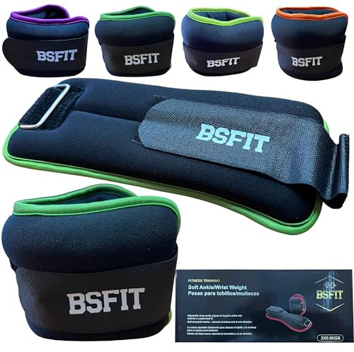 BSFIT Tobilleras y muñequeras con peso ejercicio en casa de neopreno - Set de pesas para tobillos y muñecas de 0,5kg, 1kg, 1,5kg y 2kg - tobilleras lastradas (2x 1kg Verde Flúo)