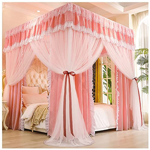 Vier Eckpfosten mit Rahmenstangen, Moskitonetz, Himmelbettvorhang für Einzel- bis Kingsize-Betten (Größe: 200 x 180 x 210 cm, Farbe: Rosa)