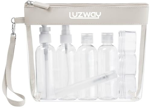 LUZWAY Trousse de Toilette Transparente + 8 Bouteilles Vides (Max.100ml) pour Voyage en Avion, Kit Cosmétique pour Bagages à Main, Sac pour Hommes et Femmes