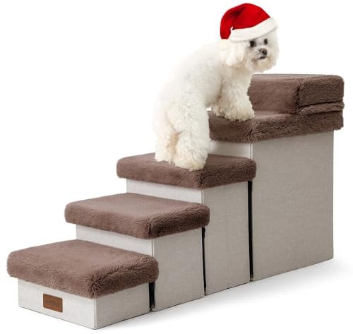 COZY KISS Haustiertreppe für Kleine Hunde mit Stauraum, Hundetreppe Faltbare für Hochbett, Hunde Treppe Hunderampe mit Rutschfestem Boden, Lecksichere, Bis Zu 80kg, 33x101x54cm, 5 Stufen, Braun