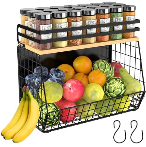 Heavy Duty Magnetic Shelf for Fridge with Wood Lid, Fruit Potato & Onion Storage Bins, Magnetic Spice Rack for Refrigerator, Pantry Organizer, Large Container for Refrigerator, Kitchen Counter