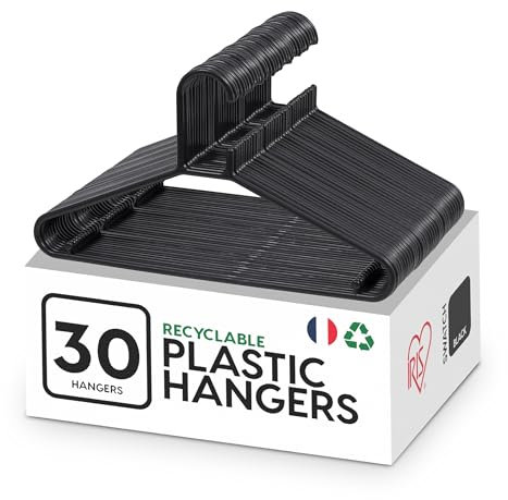 Iris Ohyama, Cintre, Cintres Plastique, Fabriqué en France, 39 cm, Lot de 30 cintres, Cintre Gain de Place, CHM-39, Noir, Hangers, Cintre Pantalons, Chemises, Manteaux, Robes, Résistants