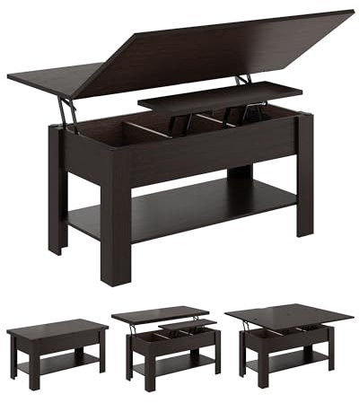 KIMENICH Mesa de Centro Regulable en Altura, Almacenamiento Oculto, 3 en 1, Multifunción, Mesas de Salón, Mesa de Café, Compartimento Abierto, Mesas de Comedor, para Salón, Oficina, Marrón-Negro