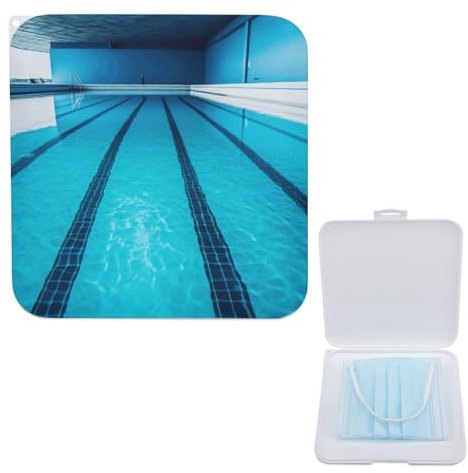 YJWANDO Kompakte Maskenaufbewahrungsbox, blauer Schwimmbaddruck, tragbare Maskenbox, leichte & tragbare PP-Maskenhalterung, ideal für alle Maskentypen, Aufbewahrungsbox für Masken, 5.1x5.1, Modern
