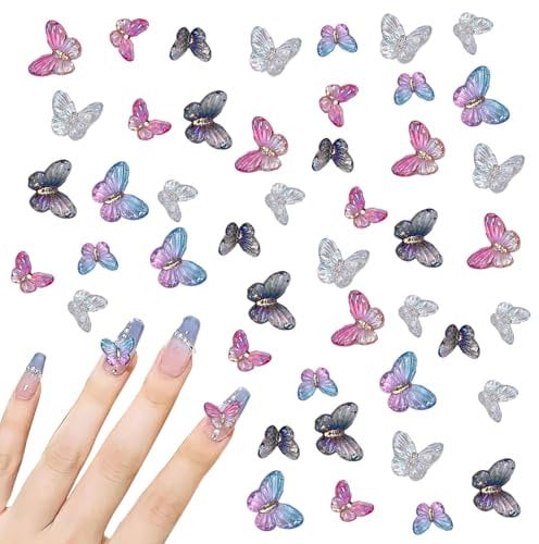3D Butterfly Nail Charms, 100 Pcs Mix Colors Clear Butterfly Nail Art Charms Nail Rhinestones Gems Cute Nail Jewels for Nail Art Decorations DIY Crafts (Multi-Colored A)