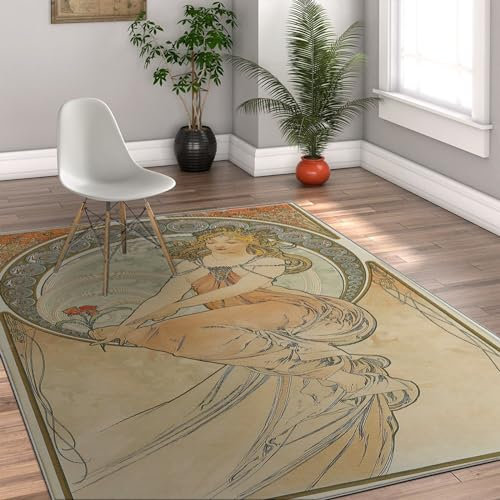 FEIPUHOME Art Vintage Beige Area Teppich Mittelalter Stil Schöne Frau Malerei Drucke Anti-Rutsch Throw Teppiche für Schlafzimmer Wohnzimmer Teppiche 60x90cm