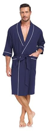 COLORFULLEAF Leicht Bademantel Herren aus 100% Baumwolle Sauna Morgenmantel Männern weicher lange Kimono Reisebademantel(Marine,M)