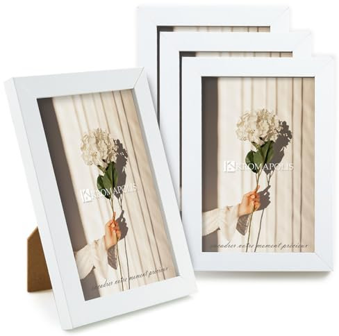 Kromapolis Lot de 4 petits cadres photo, respectueux de l'environnement, en MDF, 10 x 15 cm, avec fermeture à visser, verre acrylique de qualité supérieure, extérieur blanc
