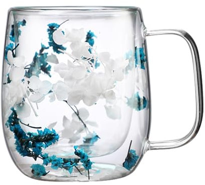 Oldmoom Tasses De Fleurs Séchées,Tasse De Thé En Verre De Fleurs Séchées - Tasse élégante avec motif de fleurs séchées | Tasse en verre à double paroi de fleurs séchées résistantes à la chaleur pour