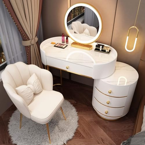Set di Scrivania Vanity, Tavolo da Camera da Letto Vanity Table con Specchio Rotante a LED e Luci, Tavolo da Trucco con Cassetti di Stoccaggio e Sgabello, Tavolo da Camera da Letto per Ragazze/Donne