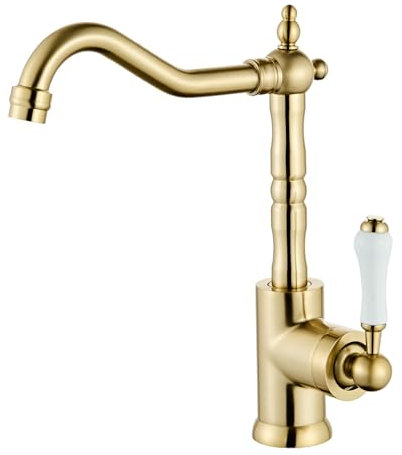 Küchenarmatur Gebürstetes Gold Küchenspüle Wasserhahn Einhandbedienung Einloch Nassbar Mischbatterie mit 360° schwenkbarem Auslauf hoher Bogen Bad Bauernhaus Wasserhähne Messing