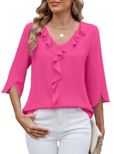 ABINGOO Mujer Verano Blusas Gasa Elegantes Manga 3/4 Cuello en V Camisas | Volantes Color Sólido Túnica Blusones Casual Blusa Vestir Camisa Fiesta Tops