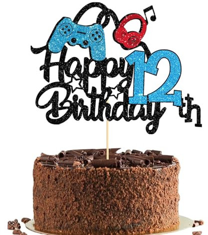 Happy 12th Birthday Cake Topper for Boys, Glittery Video Game Cake Topper Game On Cheers to 12 Years Cake Decoration, Perfect Cake Toppers for Themed Twelve Years Old Birthday Party Supplies (12)
