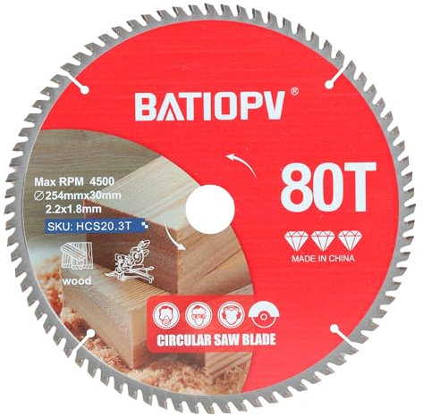 BATIOPV Kreissägeblatt 254x30 mm x 80 Zähne - Präzise Schnitte für Holz, Spanplatten, Sperrholz, Hartholz - Sägeblatt für Kappsäge & Tischkreissäge - Kompatibel mit Bosch, Makita, Dewalt