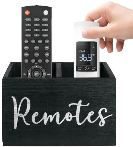 HAUYEST TV Remote Holder, Remote Control Holder with 2 Compartments, TV Controller Hholder for Table,Bedside Caddy Wooden Storage Caddy for Nightstand,Media Storage Box for Living Room, Bed (Black)
