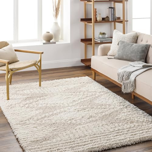 Livabliss Nuria Tuzla Shaggy Rug, Bedroom – 130x170 cm, Light Beige & White