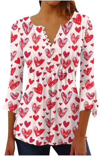 Tshirt Damen Weich Bequem, Günstig T-Shirt Mit 3/4 Ärmeln Und Herz Print Zum Valentinstag, Sonderangebot Shirt Top Casual Fashion, Oberteile Elegant Schick, Bluse Leicht Und Luftig